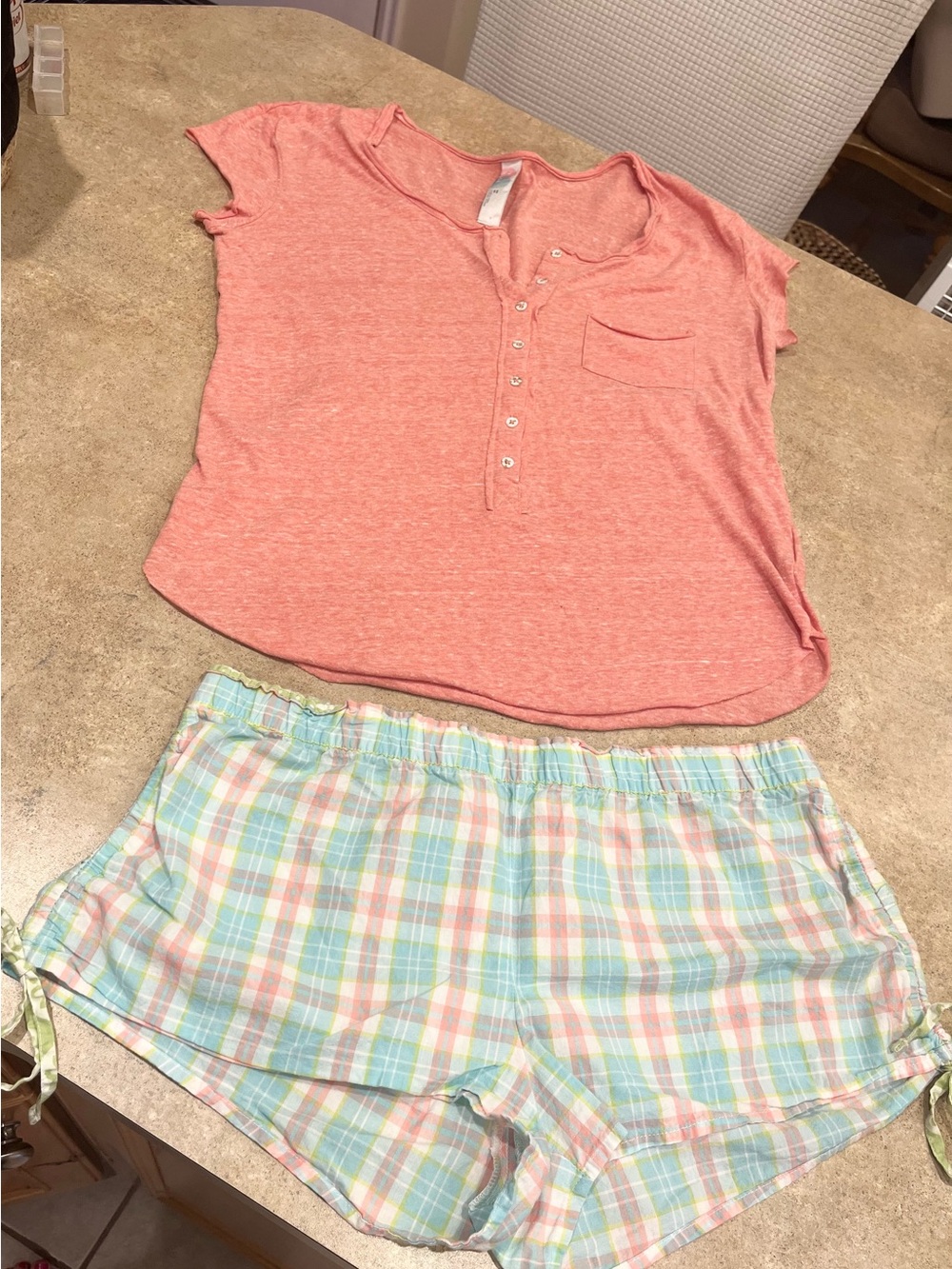 Soft Free People Knit Coral Henley Top & Old Navy Pastel Plaid Sleep Shorts Set